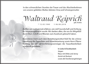 Traueranzeige von Waltraud Reiprich von VRM Trauer