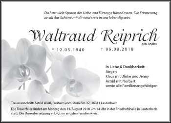 Traueranzeige von Waltraud Reiprich von VRM Trauer