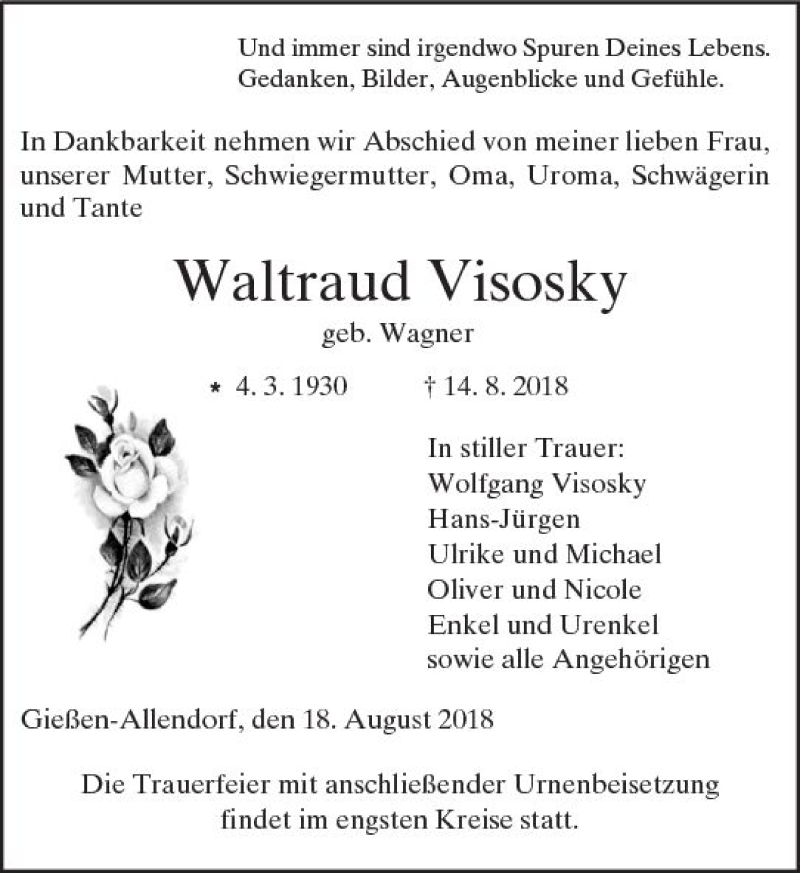 Traueranzeige für Waltraud Visosky vom 18.08.2018 aus  Gießener Anzeiger