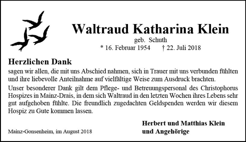  Traueranzeige für Waltraud Katharina Klein vom 25.08.2018 aus vrm-trauer