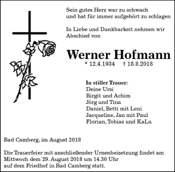 Traueranzeige von Werner Hofmann von  Camberger Anzeiger