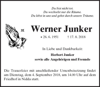 Traueranzeige von Werner Junker von  Kreisanzeiger