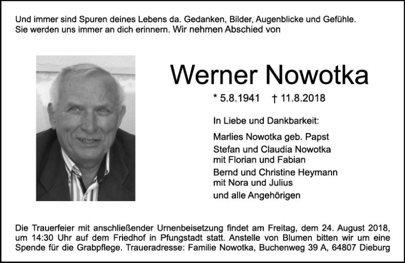  Traueranzeige für Werner Nowotka vom 18.08.2018 aus VRM Trauer