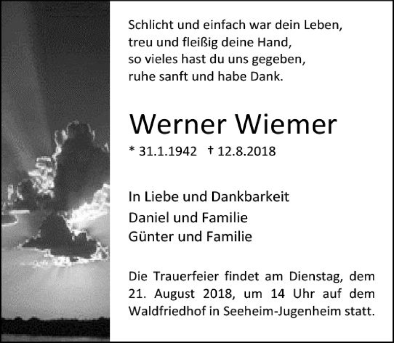  Traueranzeige für Werner Wiemer vom 18.08.2018 aus vrm-trauer