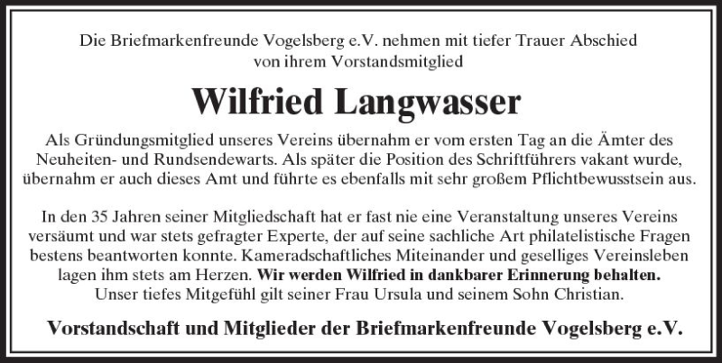  Traueranzeige für Wilfried Langwasser vom 27.08.2018 aus VRM Trauer