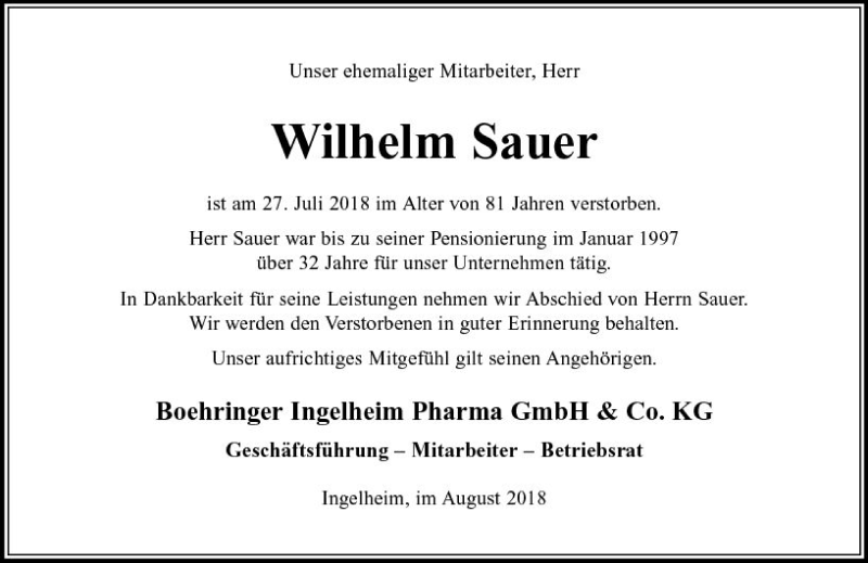  Traueranzeige für Wilhelm Sauer vom 10.08.2018 aus vrm-trauer