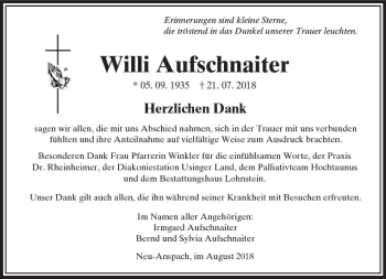 Traueranzeige von Willi Aufschnaiter von  Usinger Anzeiger