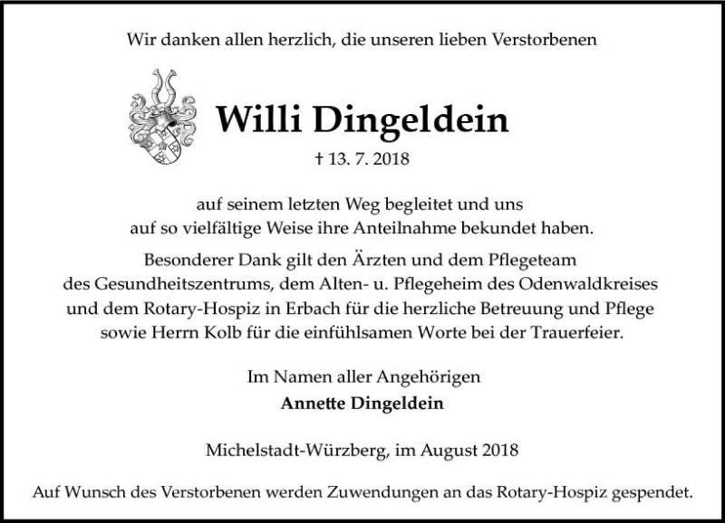  Traueranzeige für Willi Dingeldein vom 11.08.2018 aus vrm-trauer