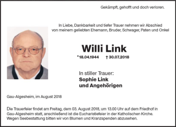 Traueranzeige von Willi Link von vrm-trauer