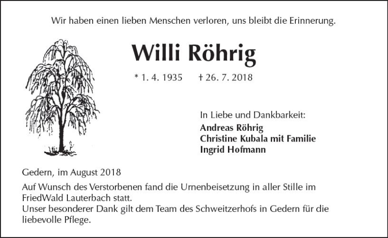  Traueranzeige für Willi Röhrig vom 11.08.2018 aus  Kreisanzeiger