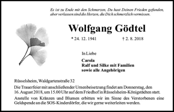 Traueranzeige von Wolfgang Gödtel von vrm-trauer