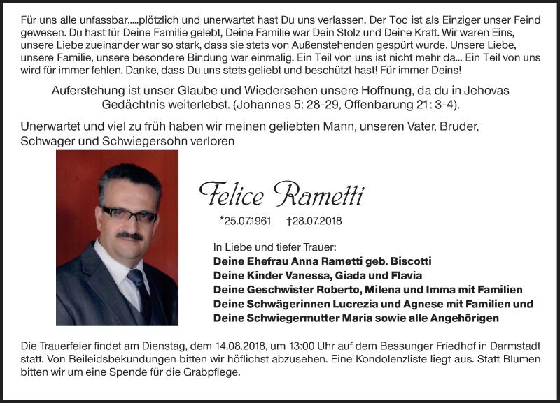  Traueranzeige für Felice Rametti vom 14.08.2018 aus 