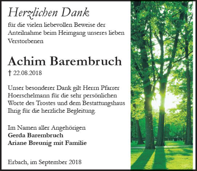  Traueranzeige für Achim Barembruch vom 22.09.2018 aus vrm-trauer