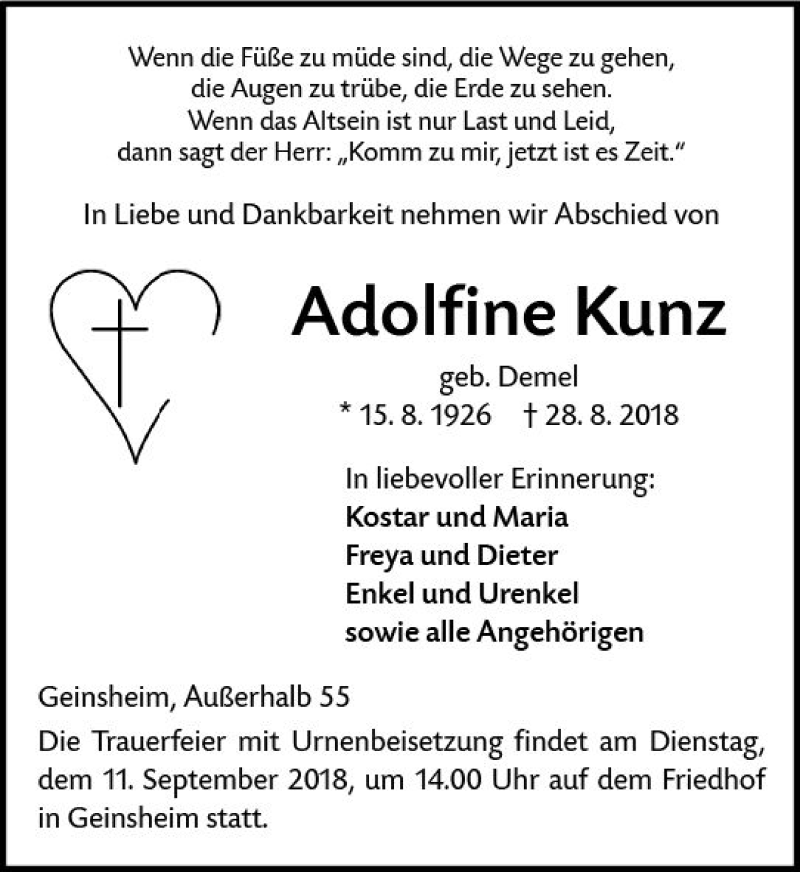  Traueranzeige für Adolfine Kunz vom 07.09.2018 aus vrm-trauer