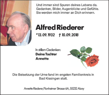 Traueranzeige von Alfred Riederer von vrm-trauer