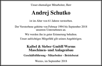 Traueranzeige von Andrej Schutko von vrm-trauer