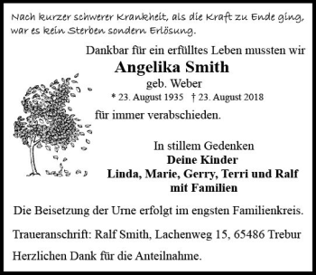 Traueranzeige von Angelika Smith von vrm-trauer