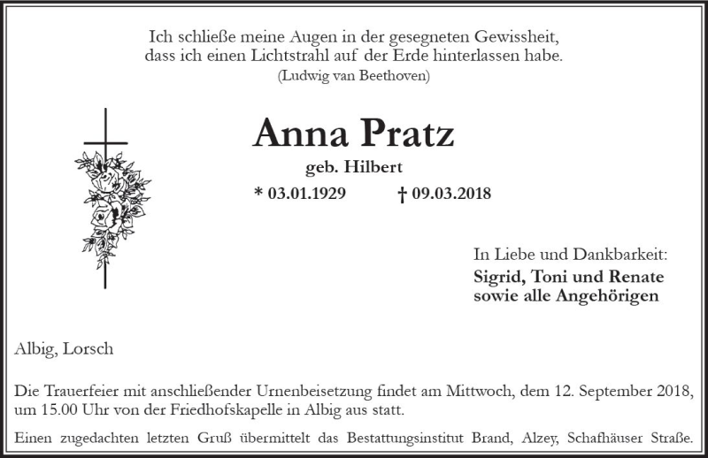  Traueranzeige für Anna Pratz vom 08.09.2018 aus vrm-trauer