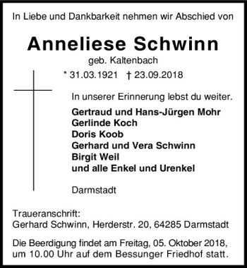 Traueranzeige von Anneliese Schwinn von vrm-trauer