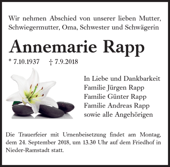 Traueranzeige von Annemarie Rapp von vrm-trauer