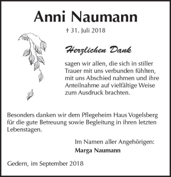 Traueranzeige von Anni Naumann von  Kreisanzeiger