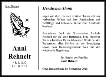 Traueranzeige von Anni Rehnelt von VRM Trauer