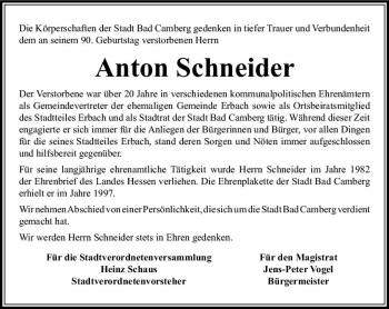 Traueranzeige von Anton Schneider von  Camberger Anzeiger