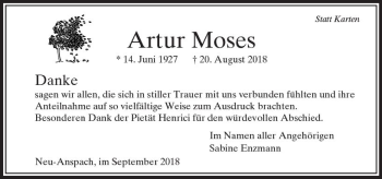 Traueranzeige von Artur Moses von  Usinger Anzeiger