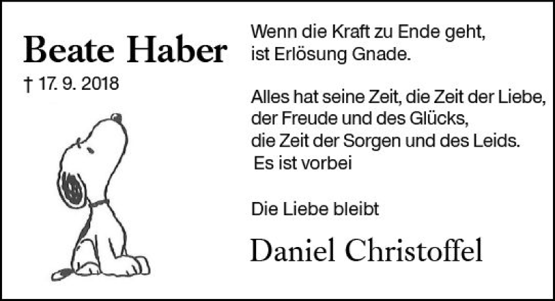  Traueranzeige für Beate Haber vom 22.09.2018 aus vrm-trauer