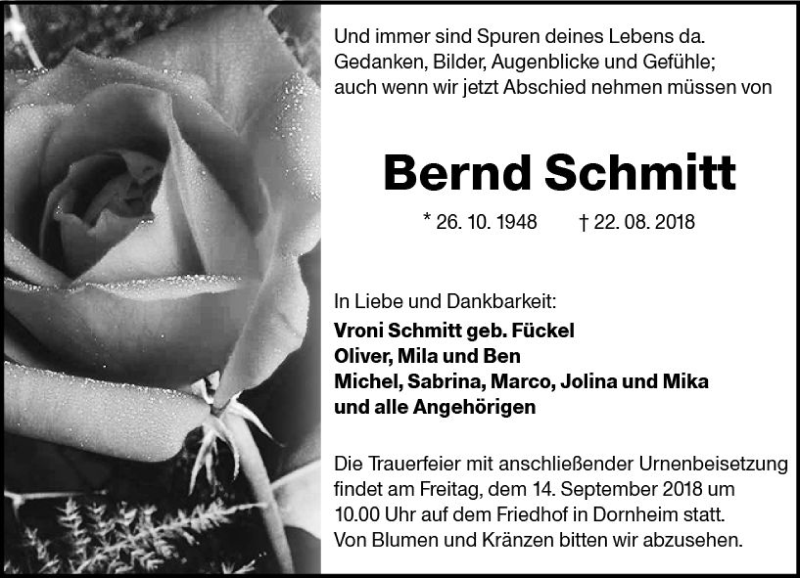  Traueranzeige für Bernd Schmitt vom 08.09.2018 aus vrm-trauer
