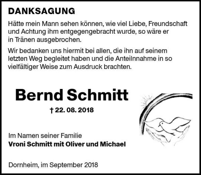  Traueranzeige für Bernd Schmitt vom 22.09.2018 aus vrm-trauer