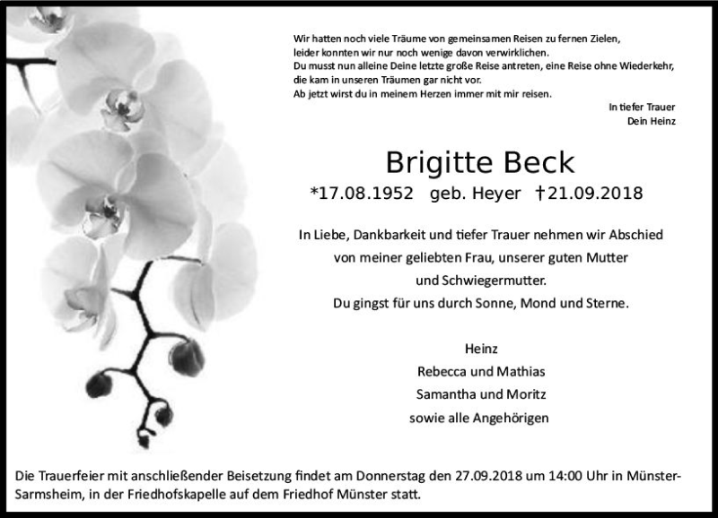  Traueranzeige für Brigitte Beck vom 26.09.2018 aus vrm-trauer