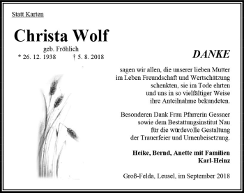 Traueranzeige von Christa Wolf von VRM Trauer