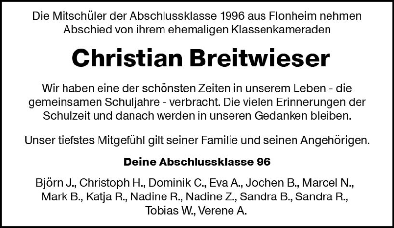  Traueranzeige für Christian Breitwieser vom 08.09.2018 aus vrm-trauer