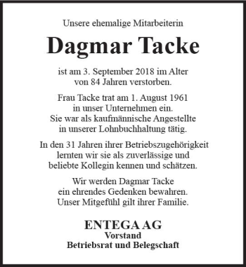 Traueranzeige von Dagmar Tacke von vrm-trauer