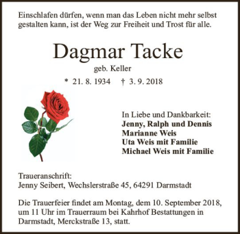 Traueranzeige von Dagmar Tacke von vrm-trauer