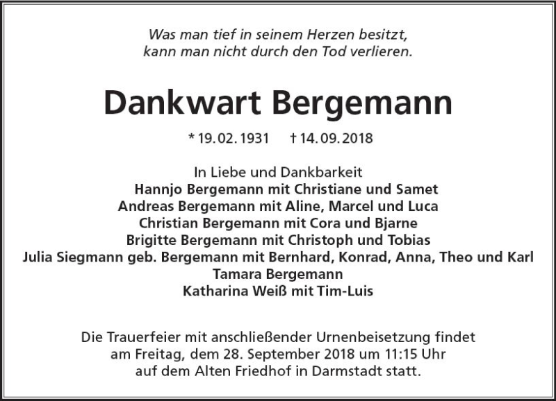  Traueranzeige für Dankwart Bergemann vom 22.09.2018 aus vrm-trauer