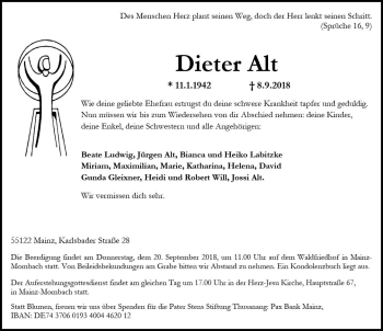 Traueranzeige von Dieter Alt von vrm-trauer
