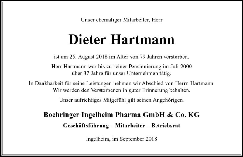  Traueranzeige für Dieter Hartmann vom 07.09.2018 aus vrm-trauer