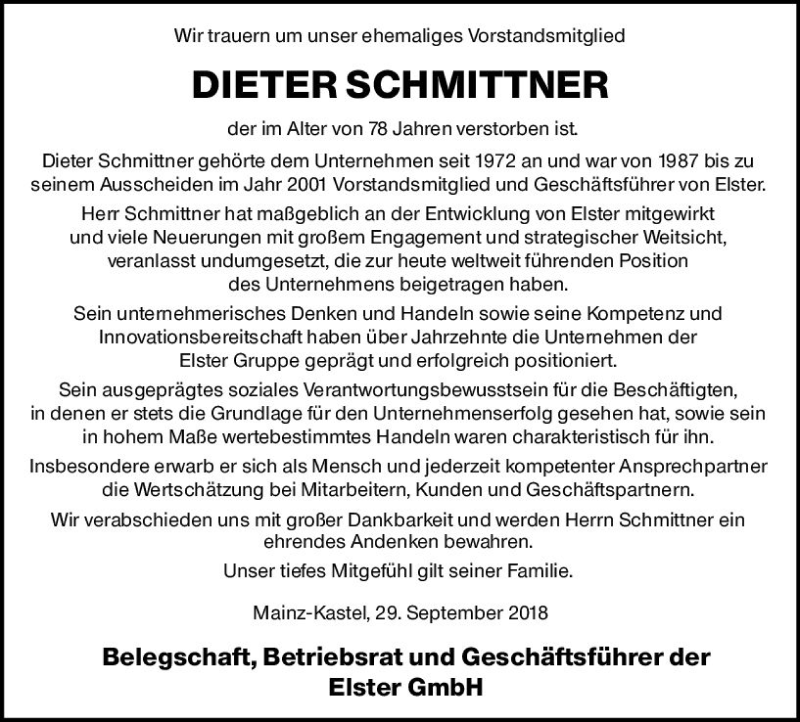 Traueranzeige für Dieter Schmittner vom 29.09.2018 aus vrm-trauer