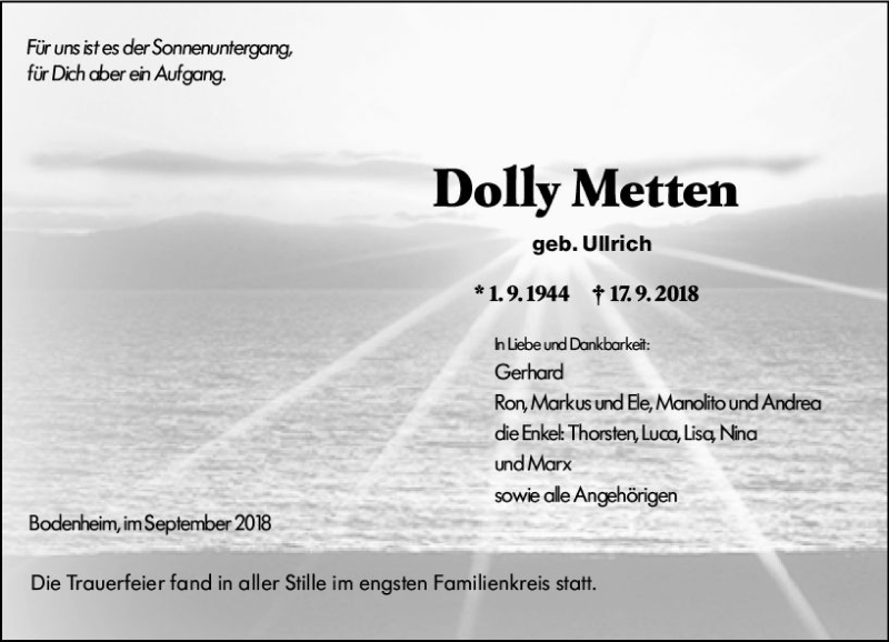  Traueranzeige für Dolly Metten vom 29.09.2018 aus vrm-trauer