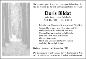Traueranzeige von Doris Bildat von  Gießener Anzeiger
