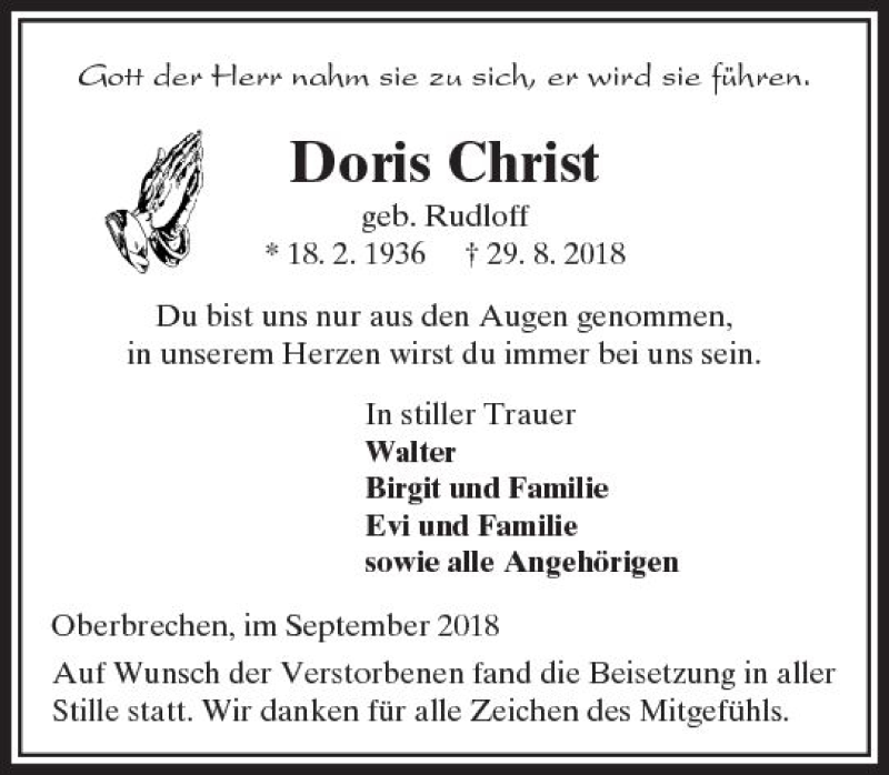  Traueranzeige für Doris Christ vom 13.09.2018 aus  Camberger Anzeiger