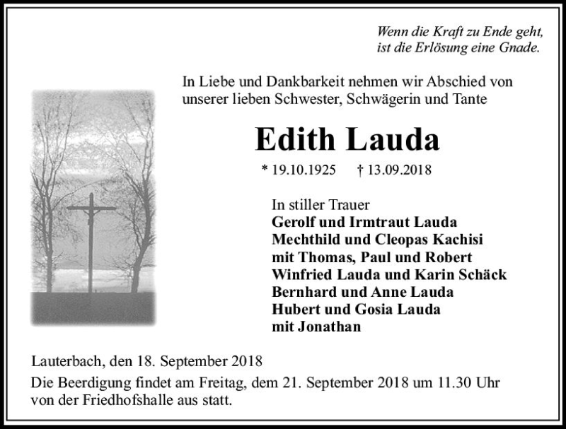 Traueranzeige für Edith Lauda vom 18.09.2018 aus VRM Trauer
