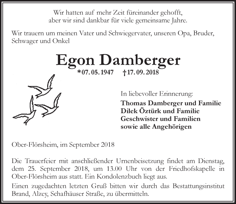  Traueranzeige für Egon Damberger vom 19.09.2018 aus vrm-trauer