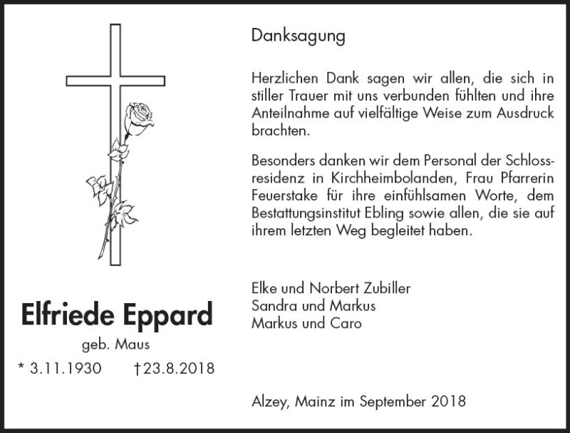  Traueranzeige für Elfriede Eppard vom 15.09.2018 aus vrm-trauer