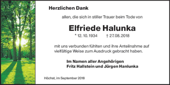 Traueranzeige von Elfriede Halunka von vrm-trauer