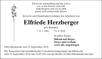 Traueranzeige von Elfriede Herzberger von  Kreisanzeiger