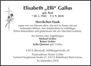 Traueranzeige von Elisabeth Gallus von vrm-trauer