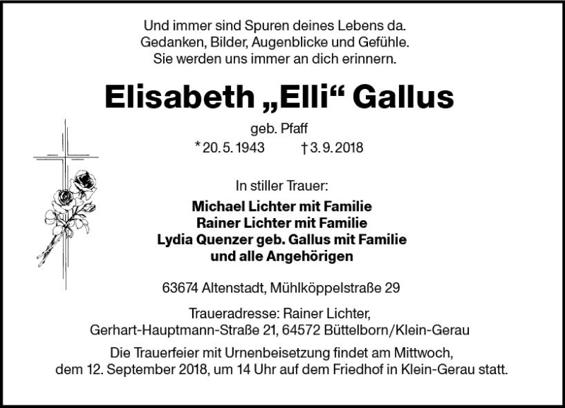  Traueranzeige für Elisabeth Gallus vom 08.09.2018 aus vrm-trauer